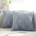 Elegant grey plush quilted throw pillow cover with minimalist leaf embroidery pattern - 45x45cm / Light Gray Waterdrop