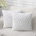 Pair of luxury white plush pillow covers with quilted diamond pattern for sofa decor. - Diamond Pattern / 45x45cm / White