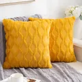 Soft yellow plush quilted throw pillow covers with decorative geometric embroidery patterns - 18x18 Inch / Orange-Yellow Square
