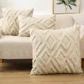 Cream white plush quilted pillow cover with geometric diamond embroidery for sofa - 45x45cm / Beige Plaid