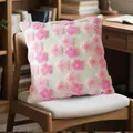 Premium white plush cushion cover with elegant pink 3D embroidered floral patterns - 45x45cm / Pink Flower