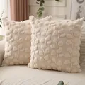 Cream plush throw pillow cover with elegant textured leaf embroidery for sofa decor - 45x45cm / Off-white Leaf