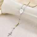 Detail view of stainless steel rosary necklace with cross and Miraculous Medal pendant. - Virgin Mary Style / 3mm Ball / Two-tone (Gold & Silver)