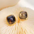 Elegant gold stainless steel square stud earrings featuring a dark amber marble resin center - Sugar Cube Style (ky160) / Black