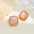 Sweet pink marble resin square stud earrings with a golden stainless steel frame - Sugar Cube Style (ky160) / Pink