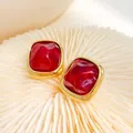 Elegant red sugar cube stud earrings with gold finish on white coral texture - Sugar Cube Style (ky160) / Burgundy