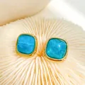 Vintage square turquoise stud earrings in gold plated stainless steel for ladies - Sugar Cube Style (ky160) / Emerald