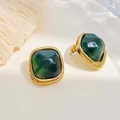 Vintage dark green square resin stud earrings with gold stainless steel frame - Sugar Cube Style (ky160) / Sea Green
