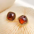 Elegant square stainless steel stud earrings with amber resin stones in golden finish - Sugar Cube Style (ky160) / Dark Brown