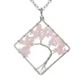 Handmade square wire-wrapped tree of life pendant necklace with pink rose quartz chips - Rose Quartz
