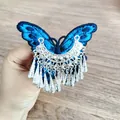 Vintage style blue embroidered butterfly hair clip with silver tassels for Hanfu outfits - Enamel Butterfly Moon Tassel Style (F01-017) / Blue