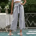 Elegant high-waisted grey wide-leg cropped pants featuring a stylish belt bow detail - S / Bottoms / Grey Blue