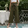 Elegant high waist olive green wide-leg culottes with adjustable bow tie belt - S / Bottoms / Green