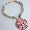 Close-up of natural stone bead necklace featuring a vibrant pink striped shell pendant. - Colorful Gravel Red Shell (38+5cm)