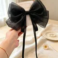 Elegant black pearlescent gauze oversized bow hair clip with streamers for girls - Large Ribbon Bow (3670) / Black