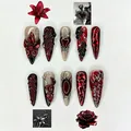 Faux ongles gothiques 3D faits main à fleurs rouge et noir métallisé amande - Style œil de chat gothique sombre (M-B320) / 24 Pièces/Ensemble