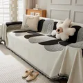 Premium chenille sofa cover featuring a modern black and white abstract pattern with tassels - 180x90cm (Small Blanket) / Abstract Arc Line Tassel Style (Flowing Cloud Throw A-JLK) / Seya Throw A-Black