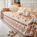 Bohemian style chenille sofa cover with orange geometric patterns and elegant fringe - Moana Throw A-Orange / 180x90cm (Small Blanket)