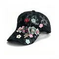 Elegant black lace baseball cap featuring colorful handmade 3D organza floral decorations - Adult (Adjustable Circumference 58cm) / Small Flower Style / Black