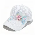 Close-up of white lace baseball cap featuring elegant floral appliques and pearls - Adult (Adjustable Circumference 58cm) / White (New Flowers)