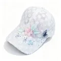 Detail view showing intricate 3D floral lace and pearl accents on breathable mesh cap - Adult (Adjustable Circumference 58cm) / White (Flower Butterfly)