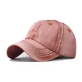 Distressed washed denim baseball cap featuring white contrast stitching in coral red color - M / Denim Orange
