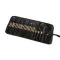 Complete 24-piece professional makeup brush set neatly organized in a black roll-up bag - 24-Piece Set / Natural Wood Color