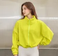 Cozy neon green oversized fleece jacket with stand collar and drawstring hem for women - Lemon Yellow
