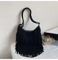Sac à main chic en daim noir avec franges et grande capacité pour un porté épaule ou croisé - Noir