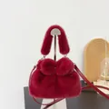 Elegant red faux fur crossbody bag with a plush bow design for autumn and winter - Burgundy