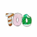 Macro view of 'too' word sequin embroidered patch with candy cane and donut motifs - 7.2x13.7cm (With Adhesive)