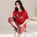 Pyjama en coton rouge avec imprimé chien pour l'été à la maison - Rouge avec Carreaux Rouge Blanc (KNC6226)