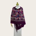 Elegant deep purple embroidered shawl featuring floral paisley patterns and fringe detail - 70cm x 200cm / Deep purple