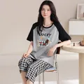 Pyjama en coton pour femme avec haut gris imprimé chien et pantalon écossais - Imprimé Chien Gris Noir (KNC6228)