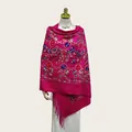 Elegant fuchsia cashmere-like shawl with intricate floral embroidery and fringe trim - 70cm x 200cm / Rose Red