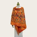 Premium orange faux cashmere shawl with intricate floral embroidery and tassel fringe - 70cm x 200cm / Orange