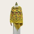Elegant yellow faux cashmere shawl with floral embroidery and classic tassels for winter - 70cm x 200cm / Bright yellow