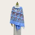 Light blue floral embroidered faux cashmere shawl with elegant tassels for winter - 70cm x 200cm / Light Blue