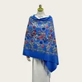 Elegant blue winter shawl featuring intricate vibrant paisley embroidery and fringe tassels - 70cm x 200cm / Dark Blue