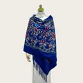 Elegant blue embroidered shawl with vintage floral patterns and fringe tassels for women - 70cm x 200cm / Navy Blue