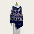Elegant navy blue faux cashmere shawl with intricate floral embroidery and fringe detail - 70cm x 200cm / Navy Blue