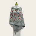 Elegant gray embroidered imitation cashmere shawl featuring colorful floral patterns and tassels - 70cm x 200cm / Light Gray