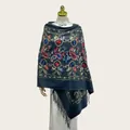 Elegant dark gray Chinese style embroidered shawl with colorful paisley patterns and tassels - 70cm x 200cm / Dark Gray