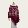 Elegant burgundy embroidered cashmere-like shawl with traditional floral patterns and fringe - 70cm x 200cm / Burgundy