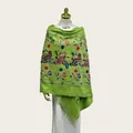 Elegant green cashmere-like shawl with intricate floral embroidery and tassel fringe - 70cm x 200cm / Grass Green
