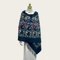 Dark teal embroidered shawl with colorful floral paisley patterns and tassels for winter - 70cm x 200cm / Dark Green