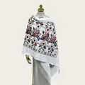 Elegant white shawl featuring vibrant floral embroidery and stylish fringe tassels - 70cm x 200cm / White