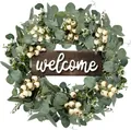 Close-up of a rustic artificial eucalyptus wreath with white berries and a welcome wood sign - Welcome Sign Grey Eucalyptus Style (007-6) / 45cm