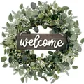 Detailed view of simulation eucalyptus wreath with a wooden welcome sign plaque. - Welcome Sign Green Eucalyptus Style (007-7) / 45cm