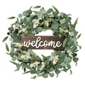 Detailed view of handmade eucalyptus berry wreath with rustic wooden welcome sign - Welcome Sign Mixed Leaves Berry Style (007-8) / 45cm